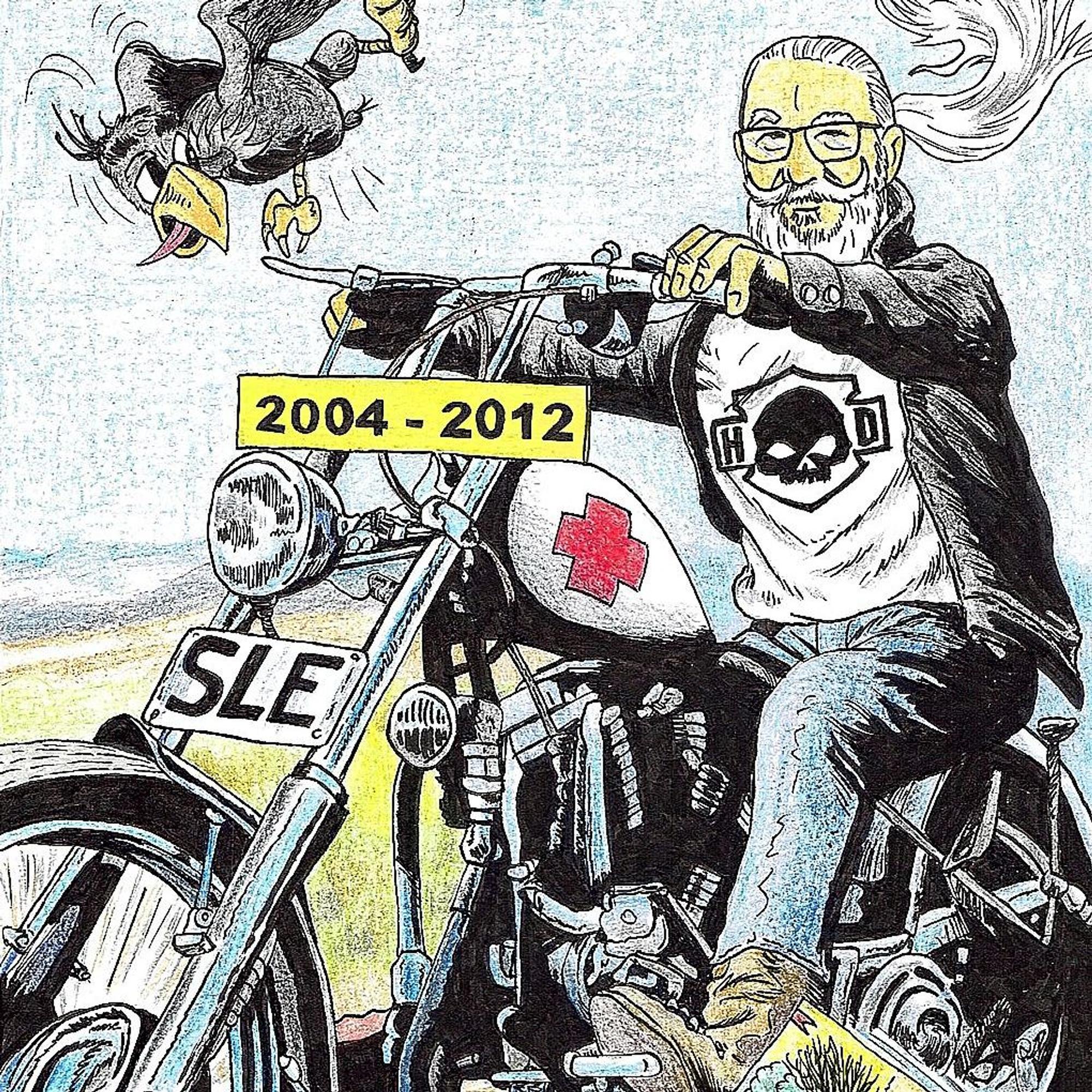 Die Karikatur zeigt Ralf Hergarten auf einem Motorrad sitzend.