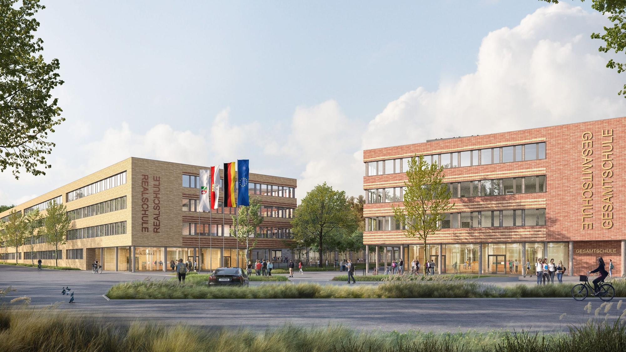 Zwei Schulgebäude von vorne.