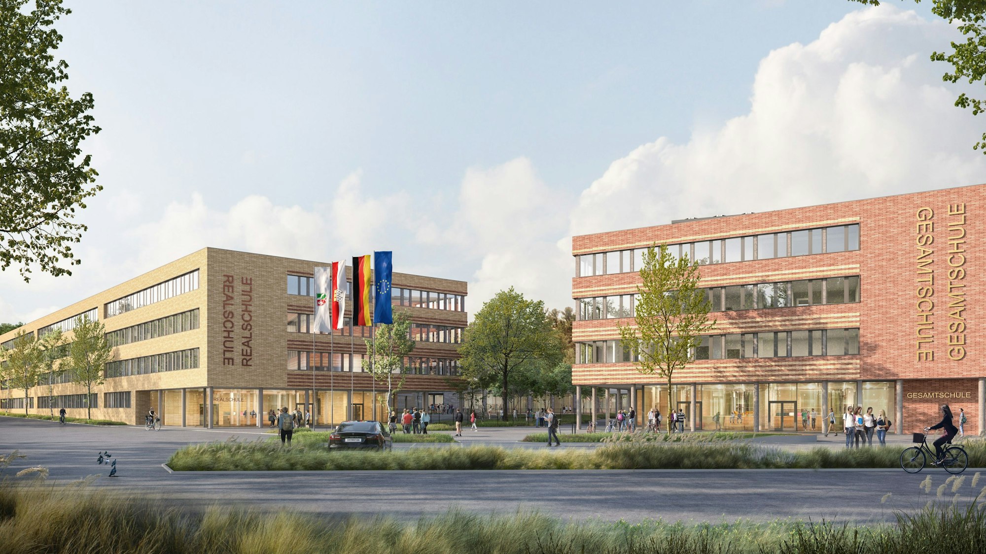 Zwei Schulgebäude von vorne.