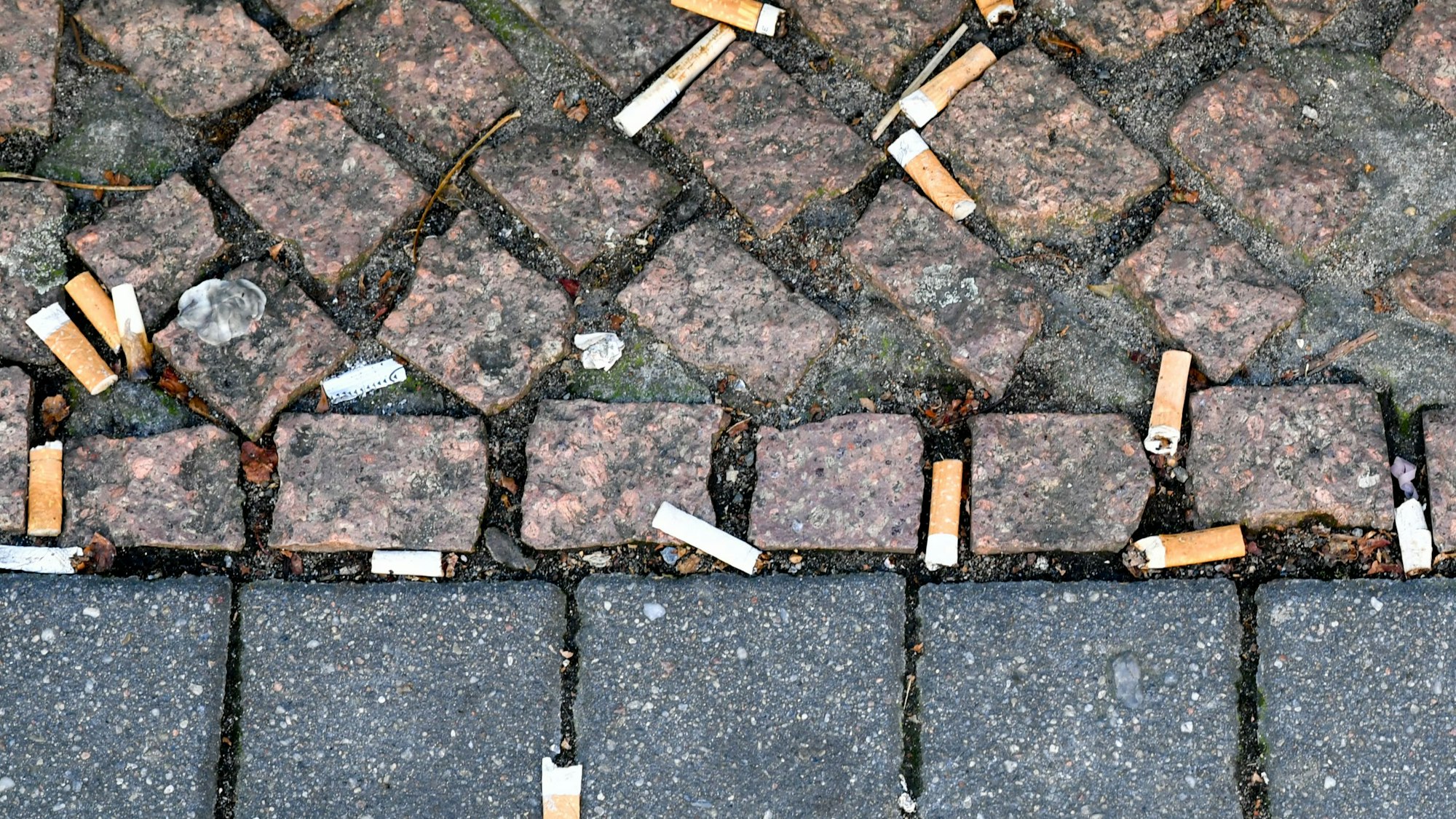 Zahlreiche auf den Boden geworfene Zigarettenstummel liegen auf dem Pflaster.