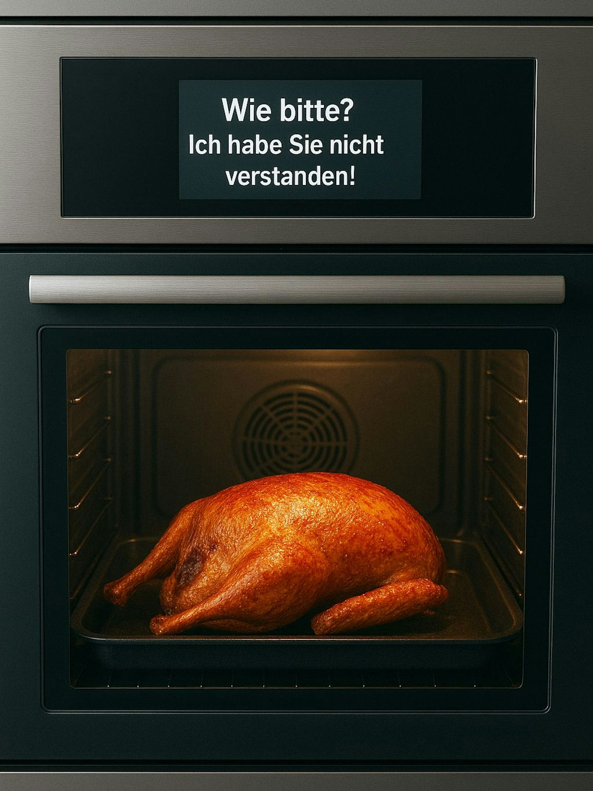 Eine Gans liegt in einem Ofen. Auf dem Display des Küchengeräts ist zu lesen: „Wie bitte? Ich habe Sie nicht verstanden!“