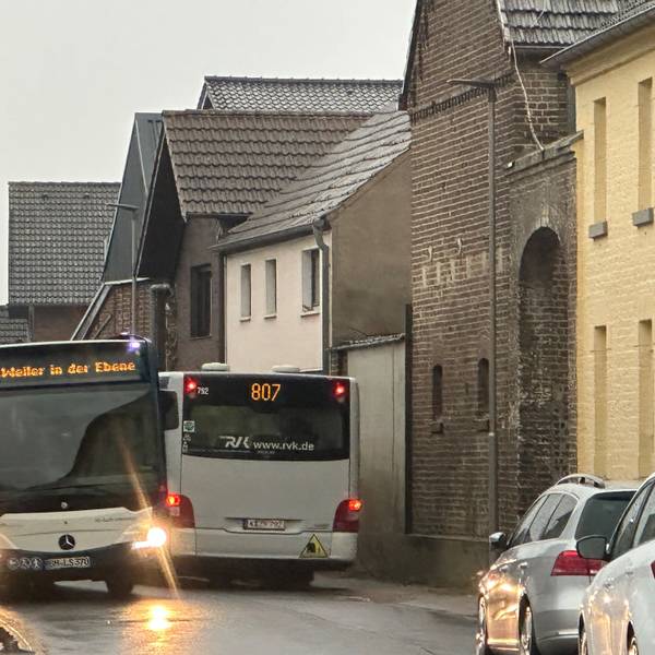 Zwei Busse fahren auf einer schmalen Straße aneinander vorbei.
