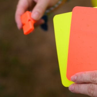 Symbolbild Schiedsrichterpfeife, Gelbe und Rote Karte.