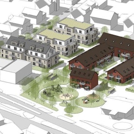 Im Mittelteil des früheren Steiferhofs erkennt man die u-förmige Fläche, die für das Wohnen von Senioren genutzt werden könnte. Davor das Herrenhaus mit dem großzügigen Spielplatz, links und rechts entstehen neue Wohnhäuser.