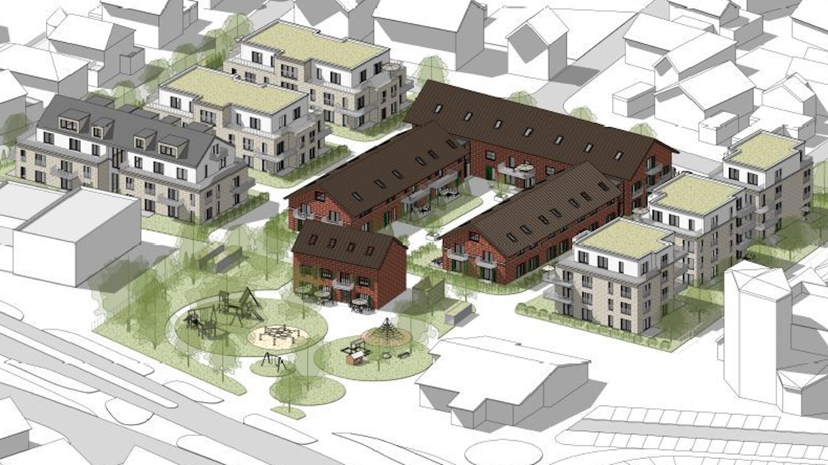 Im Mittelteil des früheren Steiferhofs erkennt man die u-förmige Fläche, die für das Wohnen von Senioren genutzt werden könnte. Davor das Herrenhaus mit dem großzügigen Spielplatz, links und rechts entstehen neue Wohnhäuser.