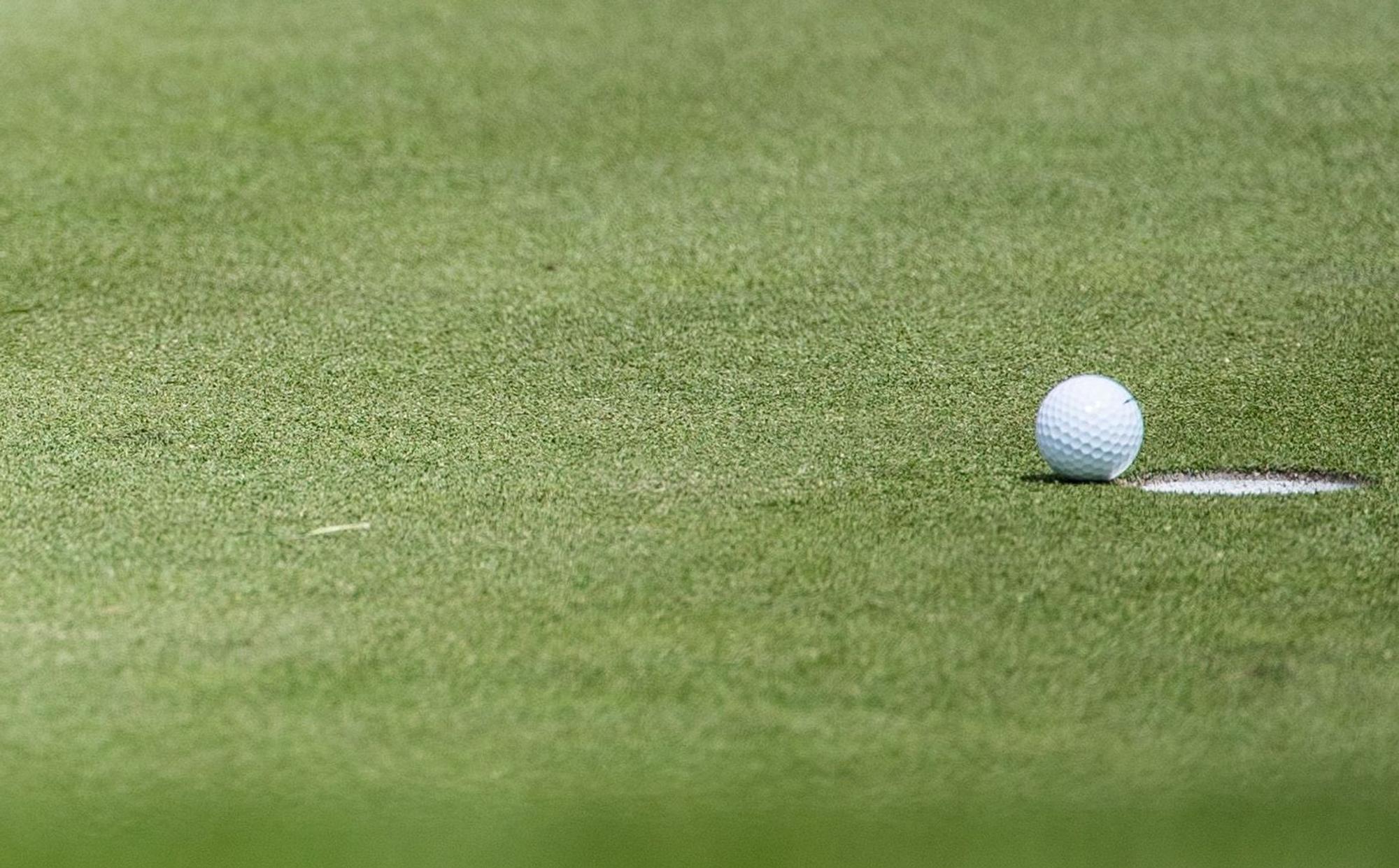 Golfball liegt auf dem Rasen.