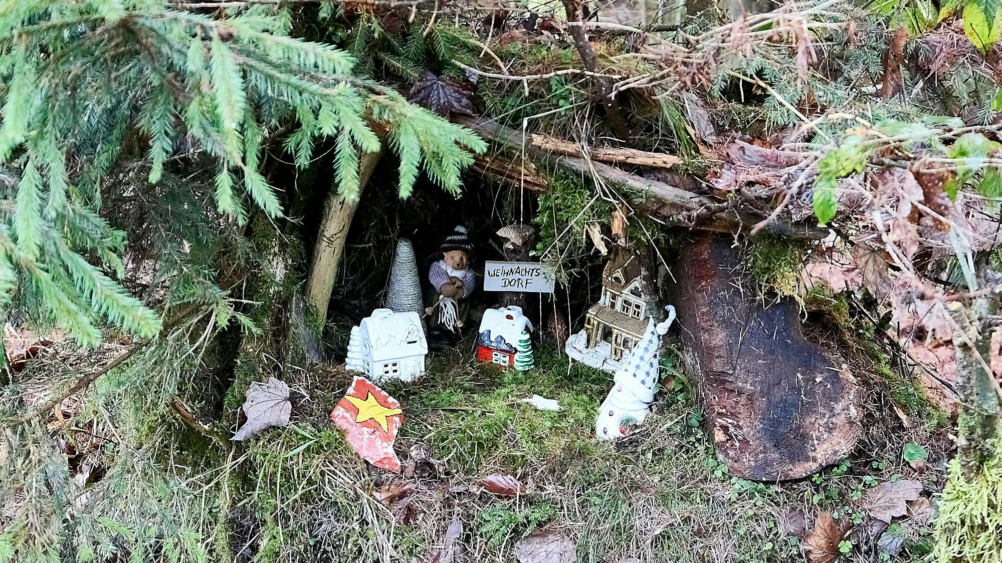 Diese Krippe wurde an der Wurzel eines Baumes aufgebaut, von Laub und Zweigen etwas verborgen.