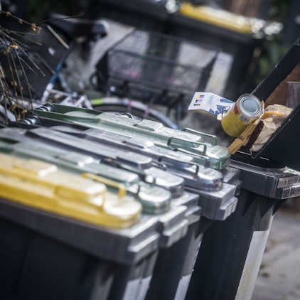 Vier Mülltonnen stehen nebeneinander.