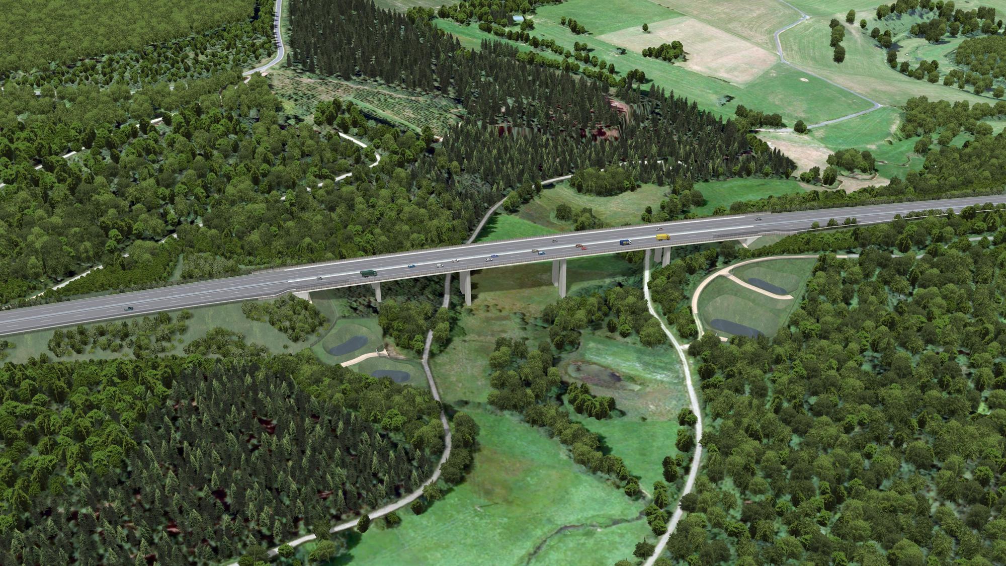Die Visualisierung zeigt einen Planungsentwurf für die Talbrücke Nohnerbach der A1 in der Eifel.