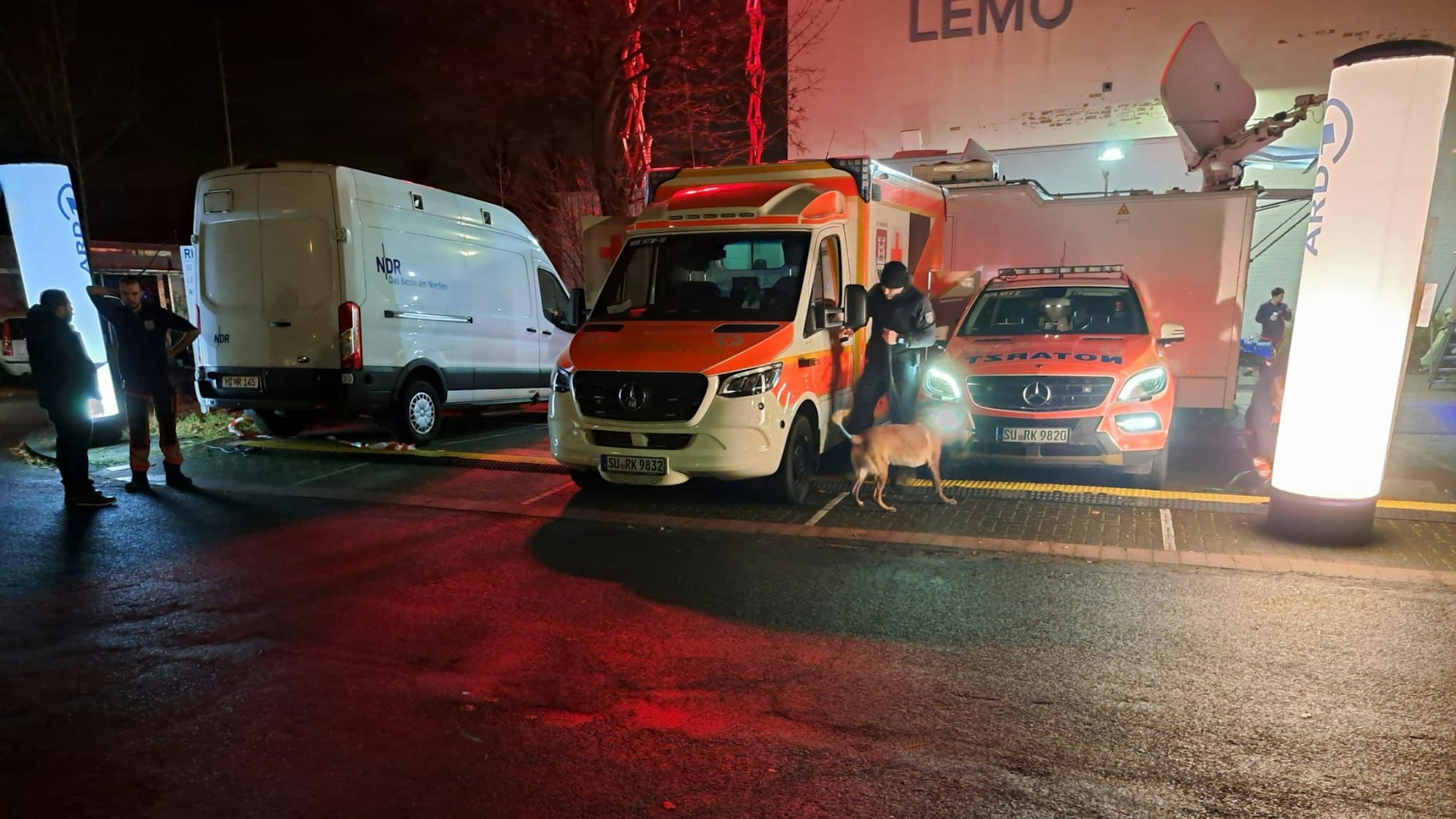 Sprengstoffspürhunde suchen das Gelände vor Beginn der Sendung ab.
