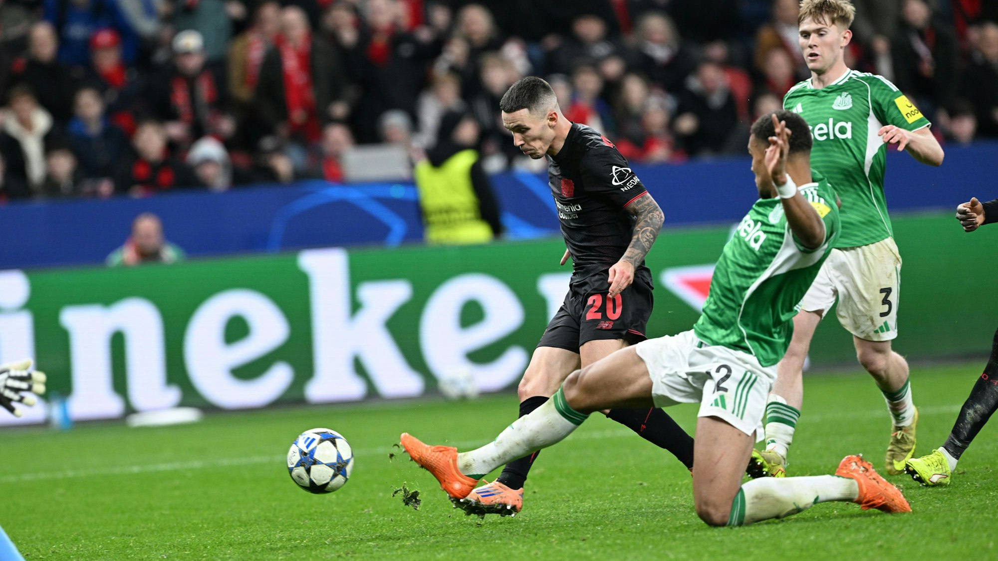Alejandro Grimaldo (l) macht das Tor zum 2:2-Ausgleich.