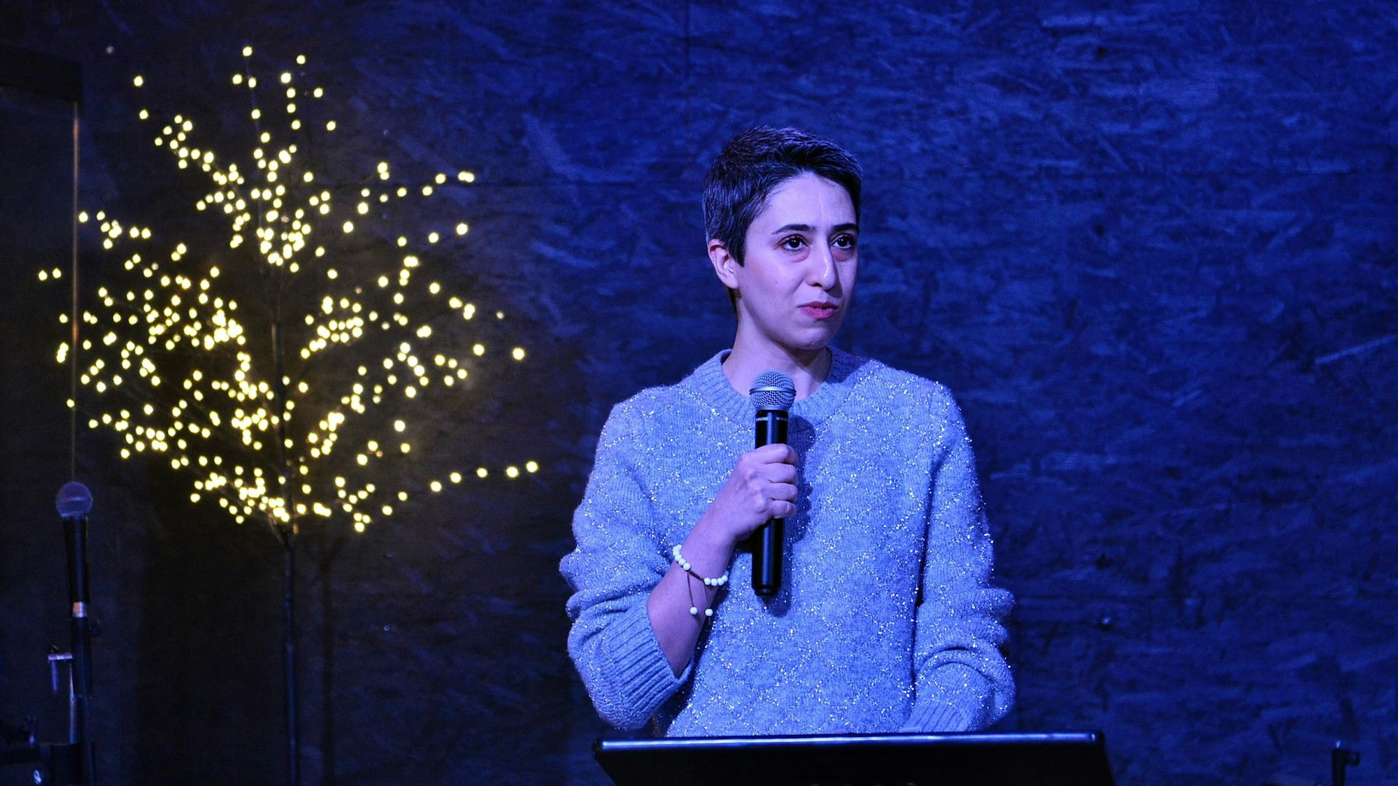 Maryam Hosseini steht mit einem Mikrofon in der Hand am Rednerpult, im Hintergrund sieht man einen mit Lichterketten behängten Baum.