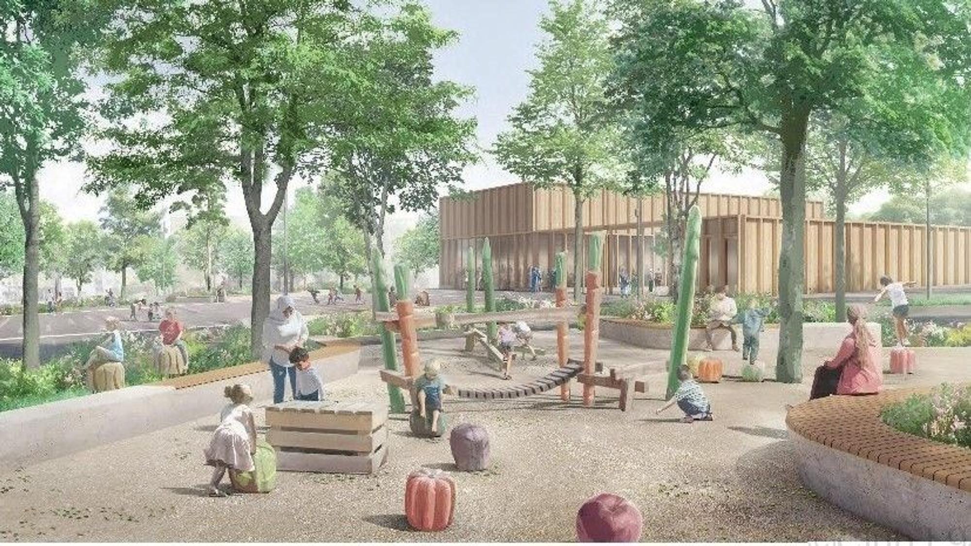 Für diesen ersten Entwurf des neuen Marktplatzes in Waldbröl hat sich der Stadtrat am Mittwochabend entschieden. Er stammt aus dem Kölner Planungsbüro Club L94 und zeigt den Spielplatz an der Markthalle (Ausschnitt).