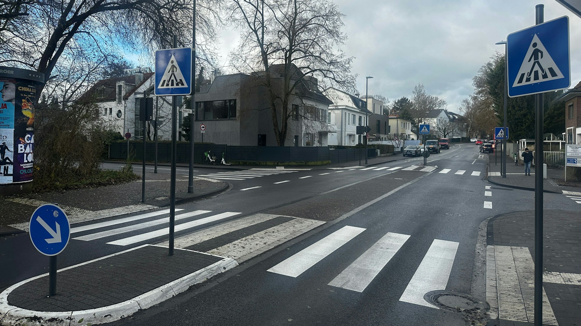Eine Straße mit zwei Zebrastreifen ist zu sehen.
