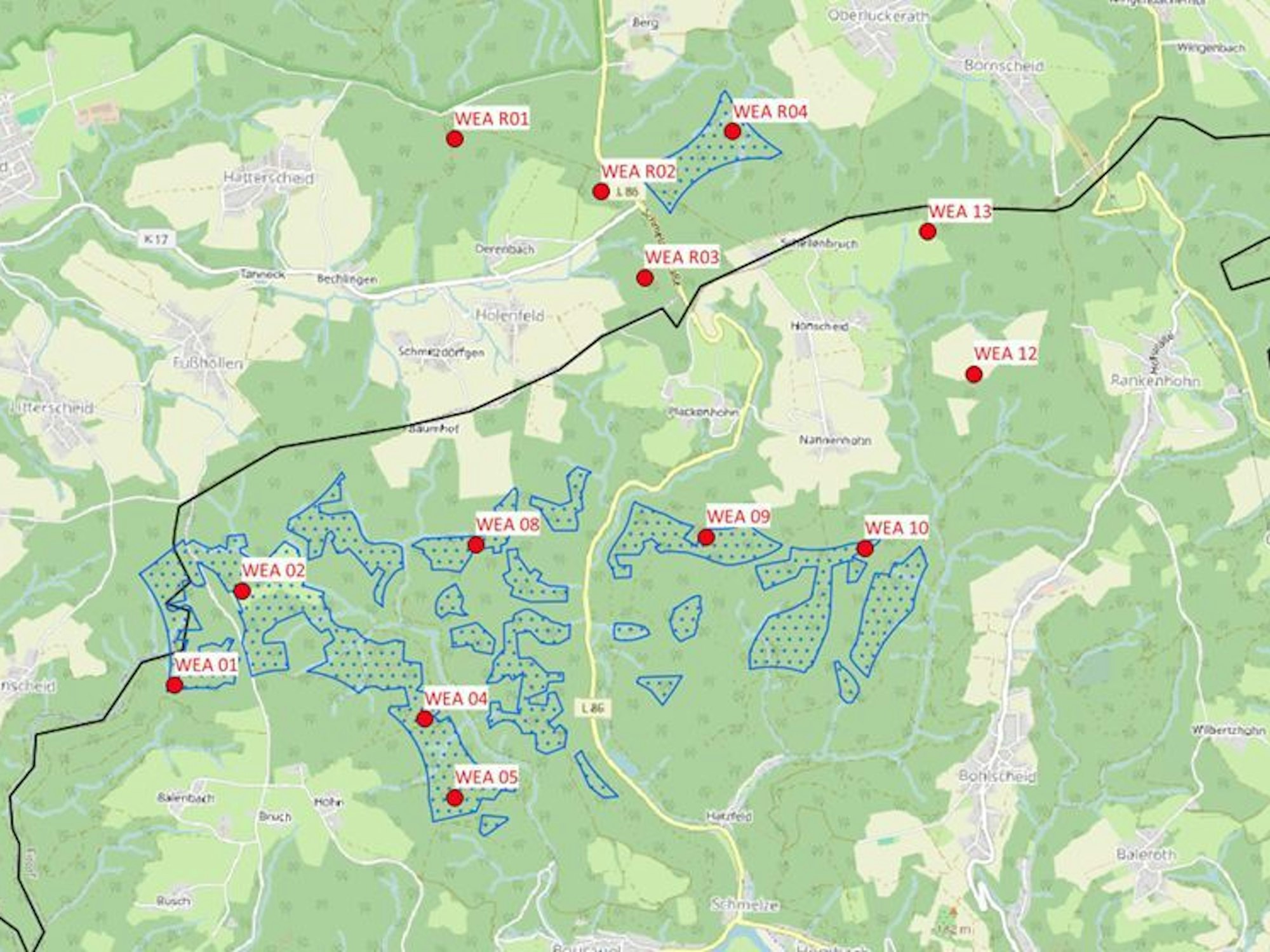 Eine Landkarte mit blau markierten Flächen und roten Punkten.