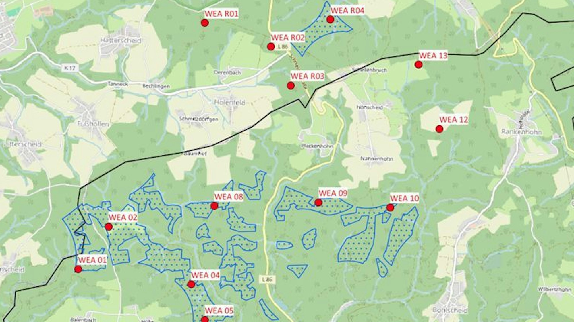 Eine Landkarte mit blau markierten Flächen und roten Punkten.