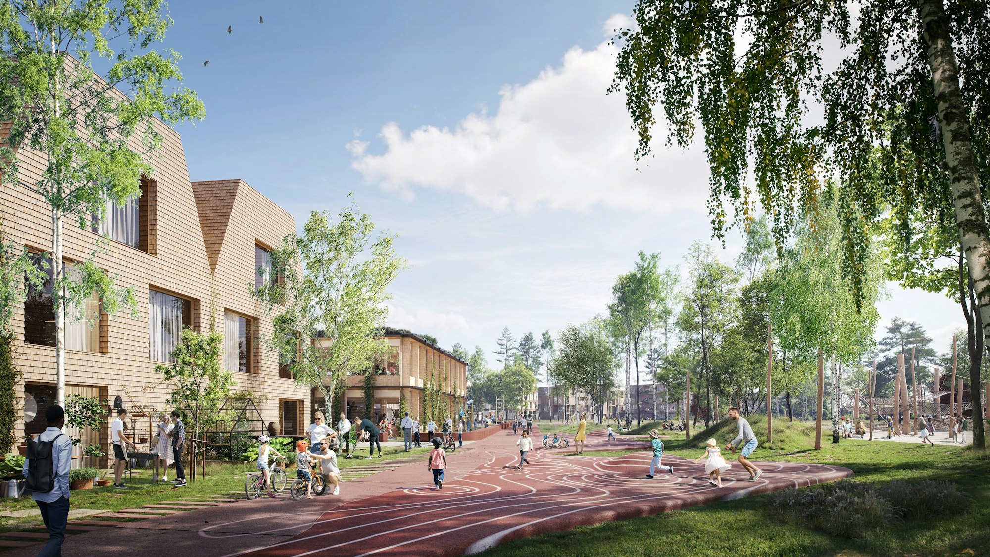 Einen Schulcampus mit viel Grün und Sportanlagen zeigt diese Visualisierung des Planungsteams.