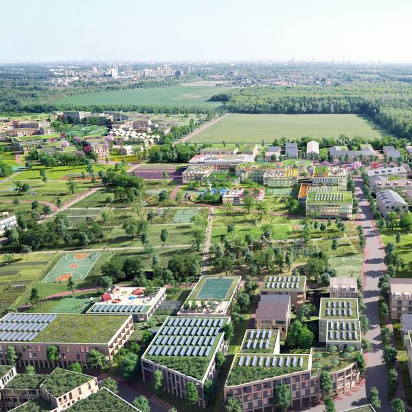 Die neuen Gebäude für den Stadtteil Kreuzfeld aus der Vogelperspektive.