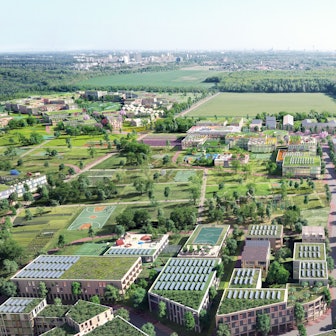 Die neuen Gebäude für den Stadtteil Kreuzfeld aus der Vogelperspektive.