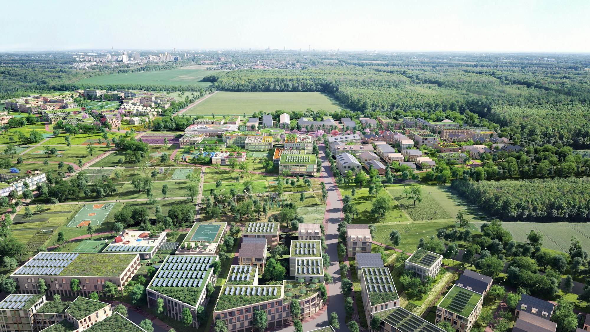 Die neuen Gebäude für den Stadtteil Kreuzfeld aus der Vogelperspektive.