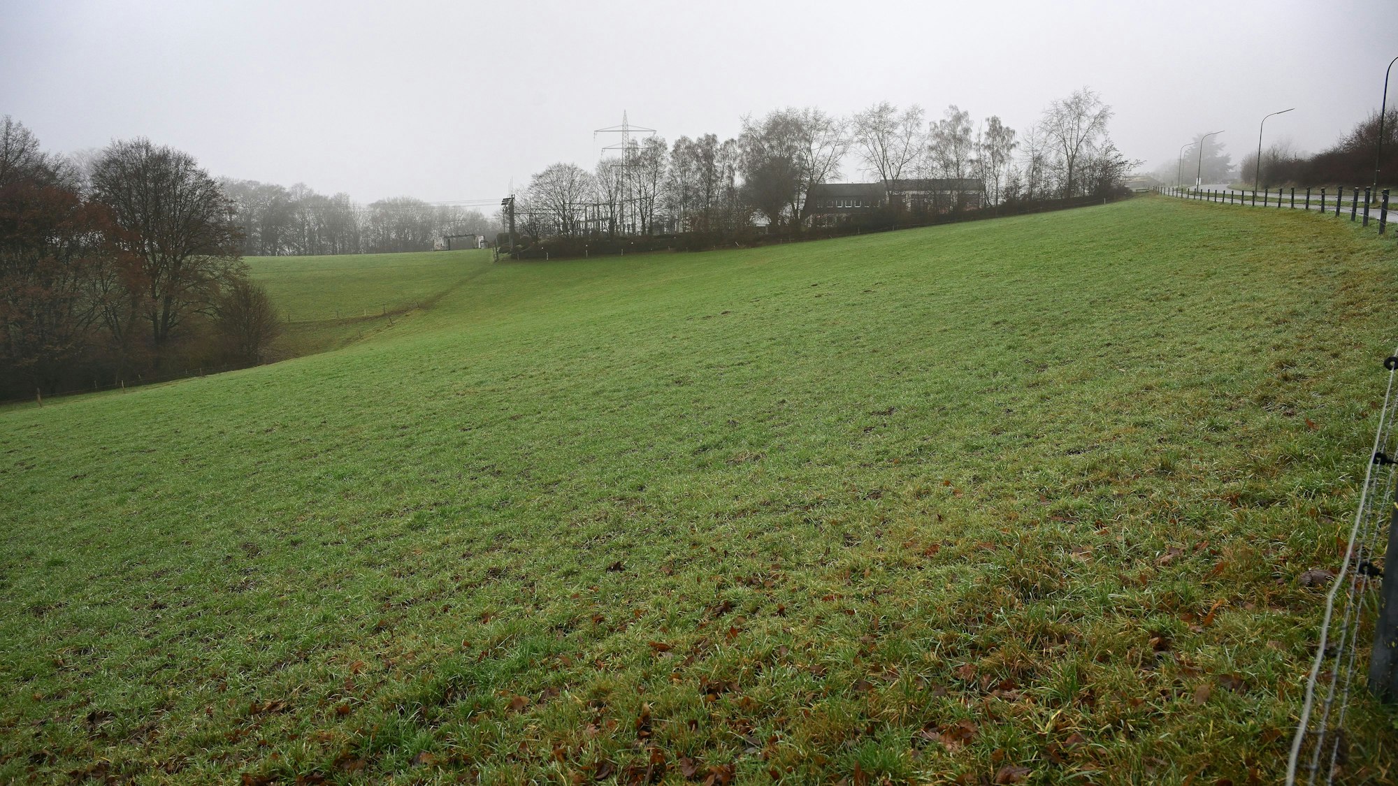 Das Foto zeigt das mögliche Gelände für die Batteriespeicher: Eine Wiese an der Bergstraße in Kürten