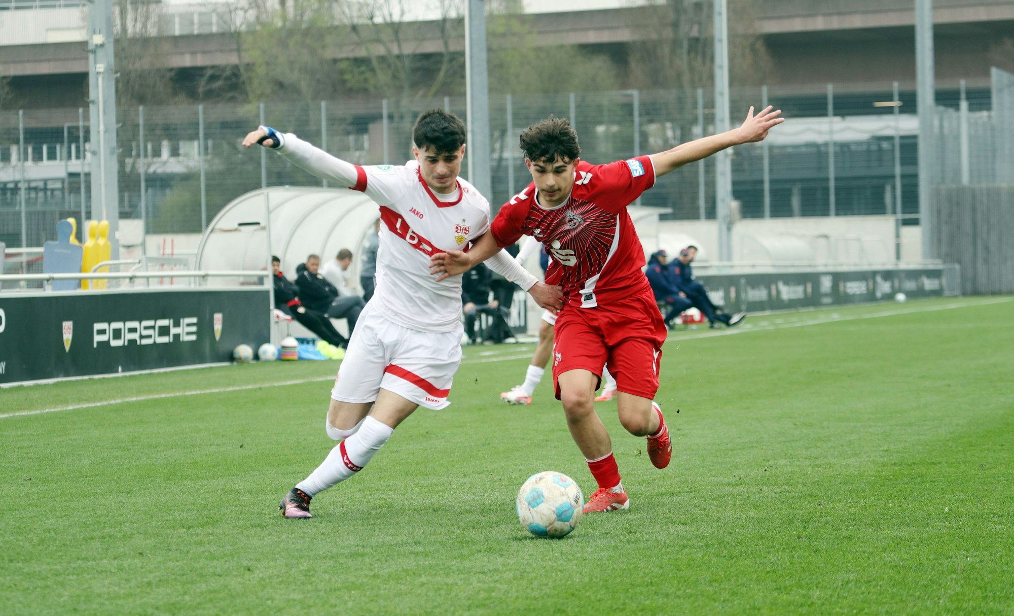 29.03.25 U17, U 17 VfB Stuttgart - U17 1. FC Köln Deutschland, Stuttgart, 29.03.2025, Fussball, U17-DFB-Nachwuchsliga, U17 VfB Stuttgart - U17 1. FC Köln 0:1: v.l. Nikolas Matic VfB Stuttgart, Milan Nikolic 1. FC Köln. *** 29 03 25 U17 VfB Stuttgart U17 1 FC Köln Germany, Stuttgart, 29 03 2025, Soccer, U17 DFB Nachwuchsliga, U17 VfB Stuttgart U17 1 FC Köln 0 1 v l Nikolas Matic VfB Stuttgart , Milan Nikolic 1 FC Köln