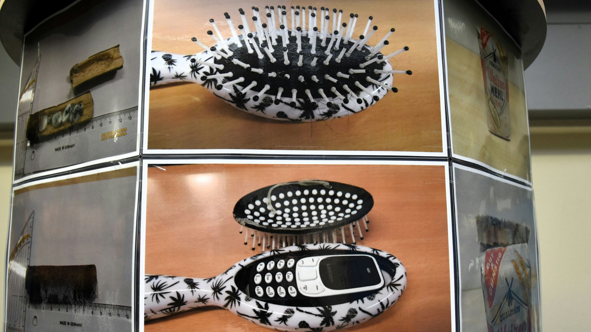 An Sichtwänden waren Beispiele von Verstecken verbotener Gegenstände aufgezeigt, die in der JVA Rheinbach vorgefunden wurden.
Hier ein Handy in einer Haarbürste.