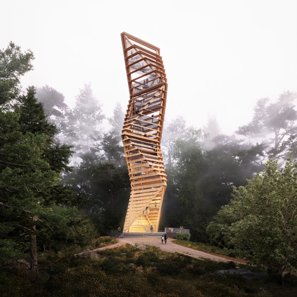 Ein in sich gedrehter Turm aus Holz.