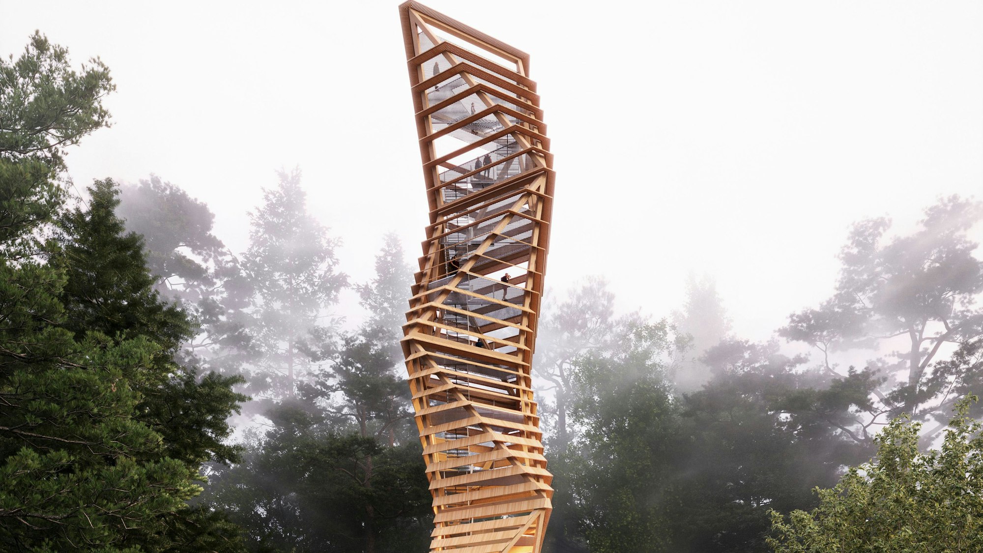 Ein in sich gedrehter Turm aus Holz.