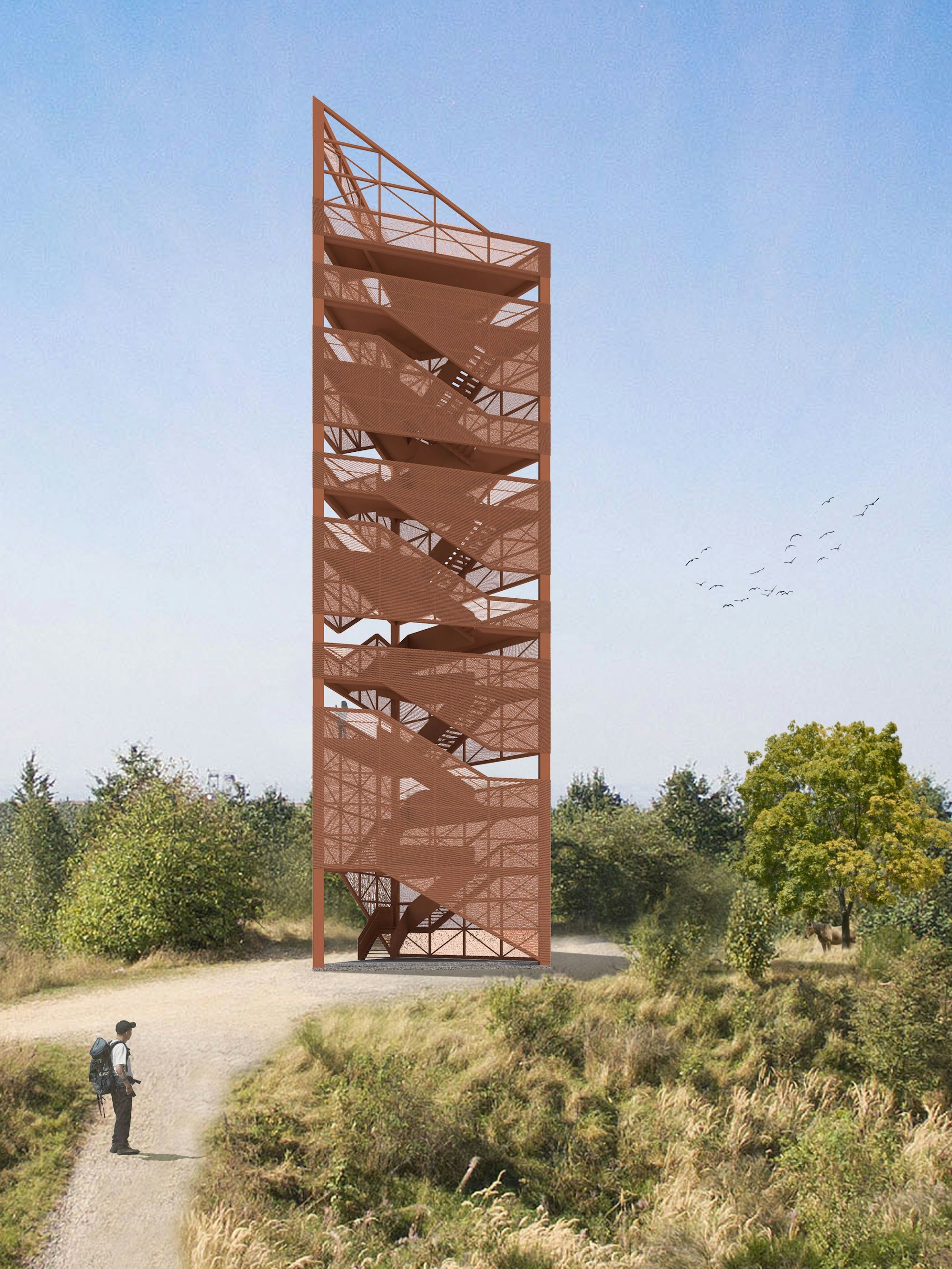 Ein Turm gefertigt aus Metallkonstruktion.