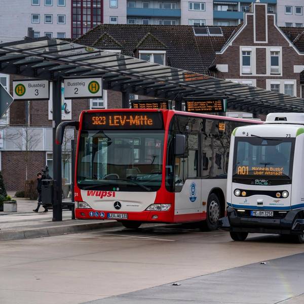 Zu sehen ist ein autonom fahrenden Linienbus in Monheim neben einem regulären Linienbus.
