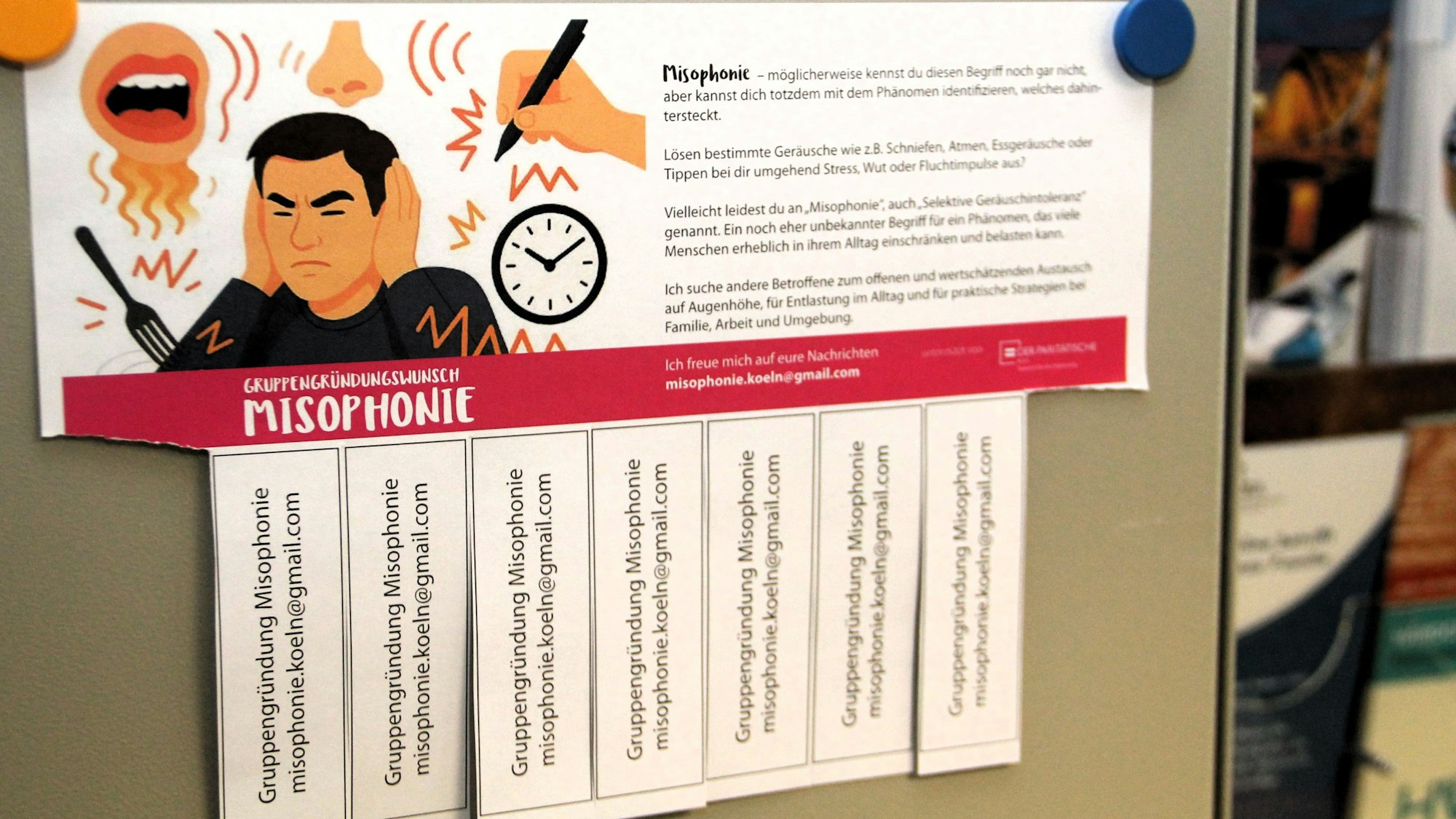 Eine mögliche Misophonie-Selbshilfegruppe würde während der Entwicklungsphase in den Räumlichkeiten des Paritätischen Wohlfahrtsverbandes am Marsilstein zusammenkommen.