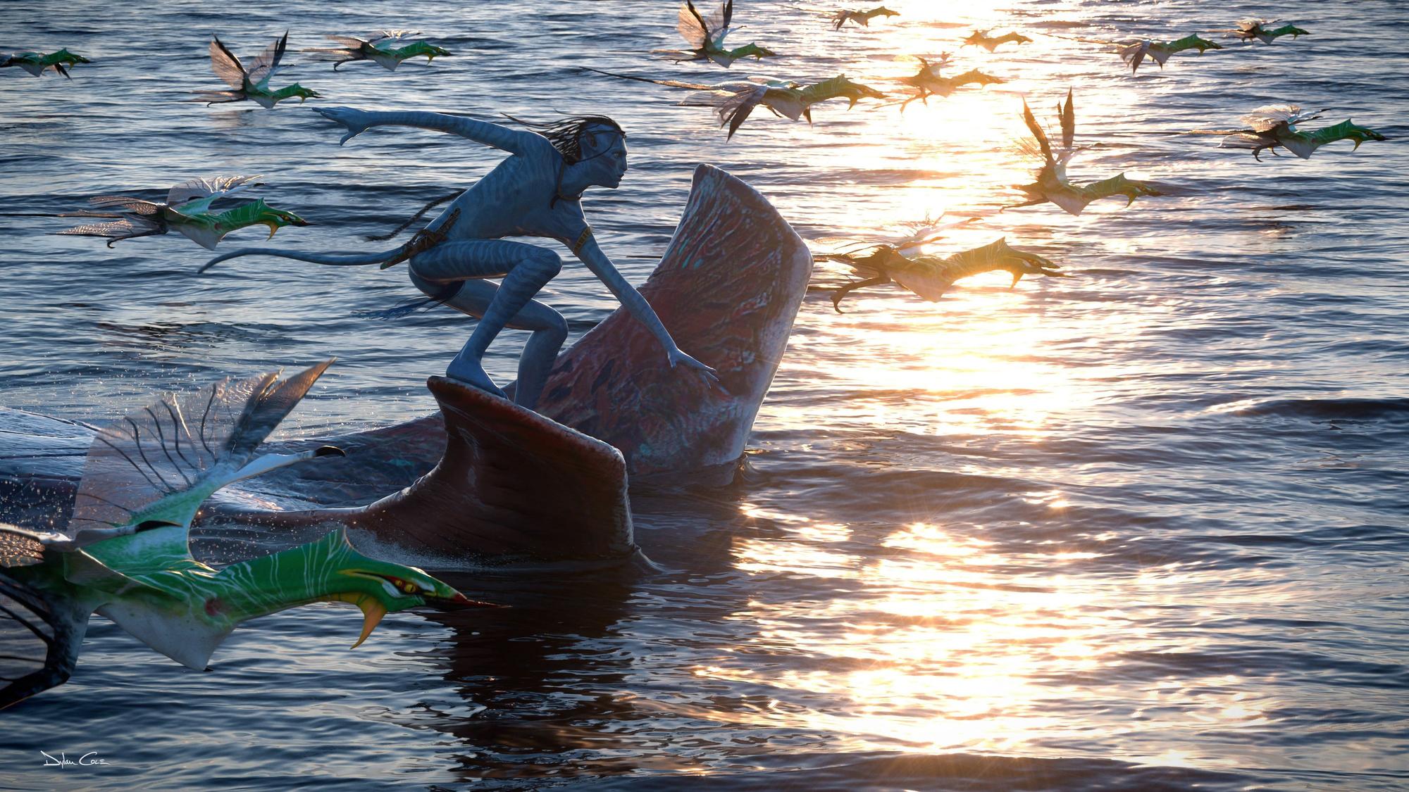 Das Foto zeigt eines der blauen Wesen aus„ Avatar“, das auf einem Wasserwesen durchs Wasser reitet.