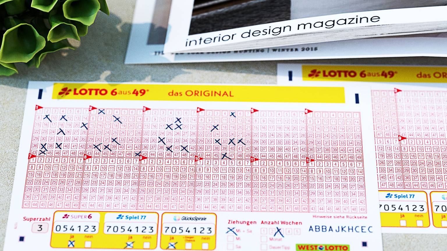 Ein LOTTO 6aus49 Los liegt auf einem Tisch