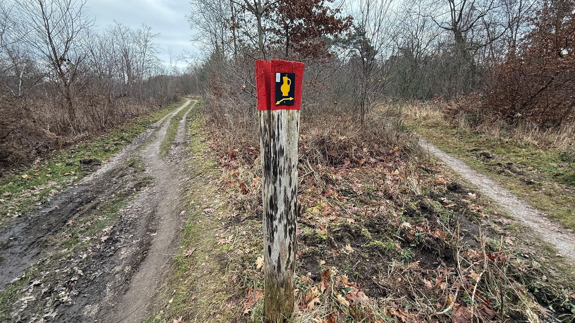 Ein großer Teil der Schleife führt über die Hühnerbruch-Tour entlang, die mit einer gelben Kanne auf schwarzem Hintergrund gekennzeichnet ist.