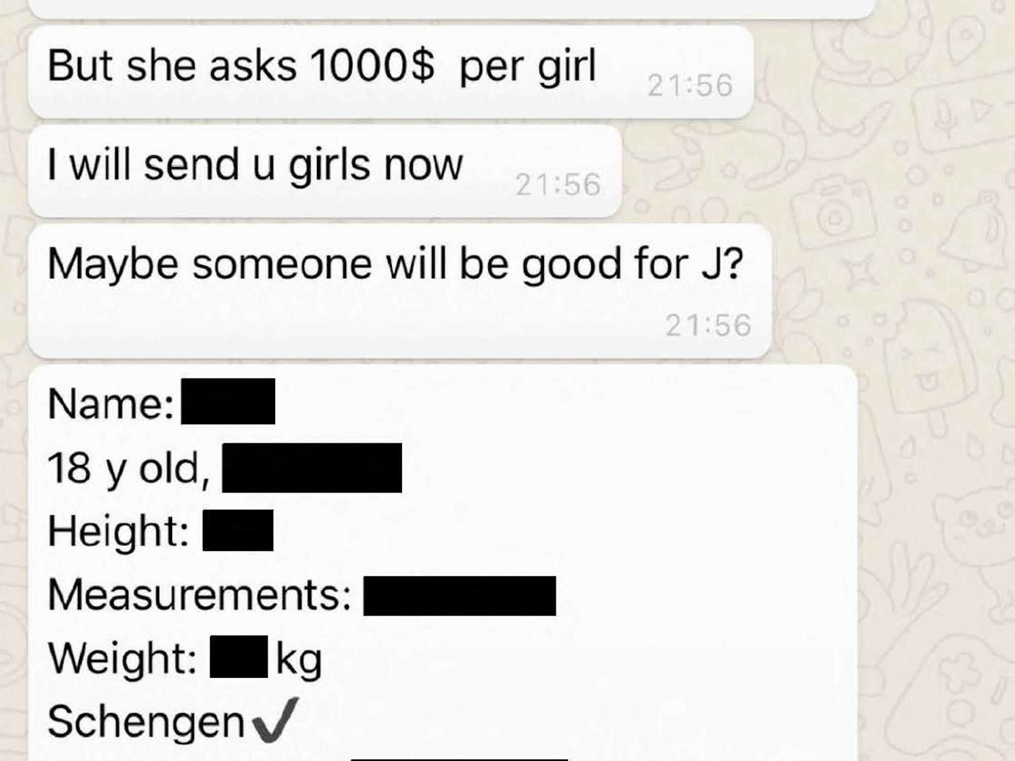 Ein Screenshot zeigt einen Chat, in dem jemand „Mädchen“ für 1000 US-Dollar anbietet und fragt, ob einige der Frauen, etwas „für J“ sein könnten.