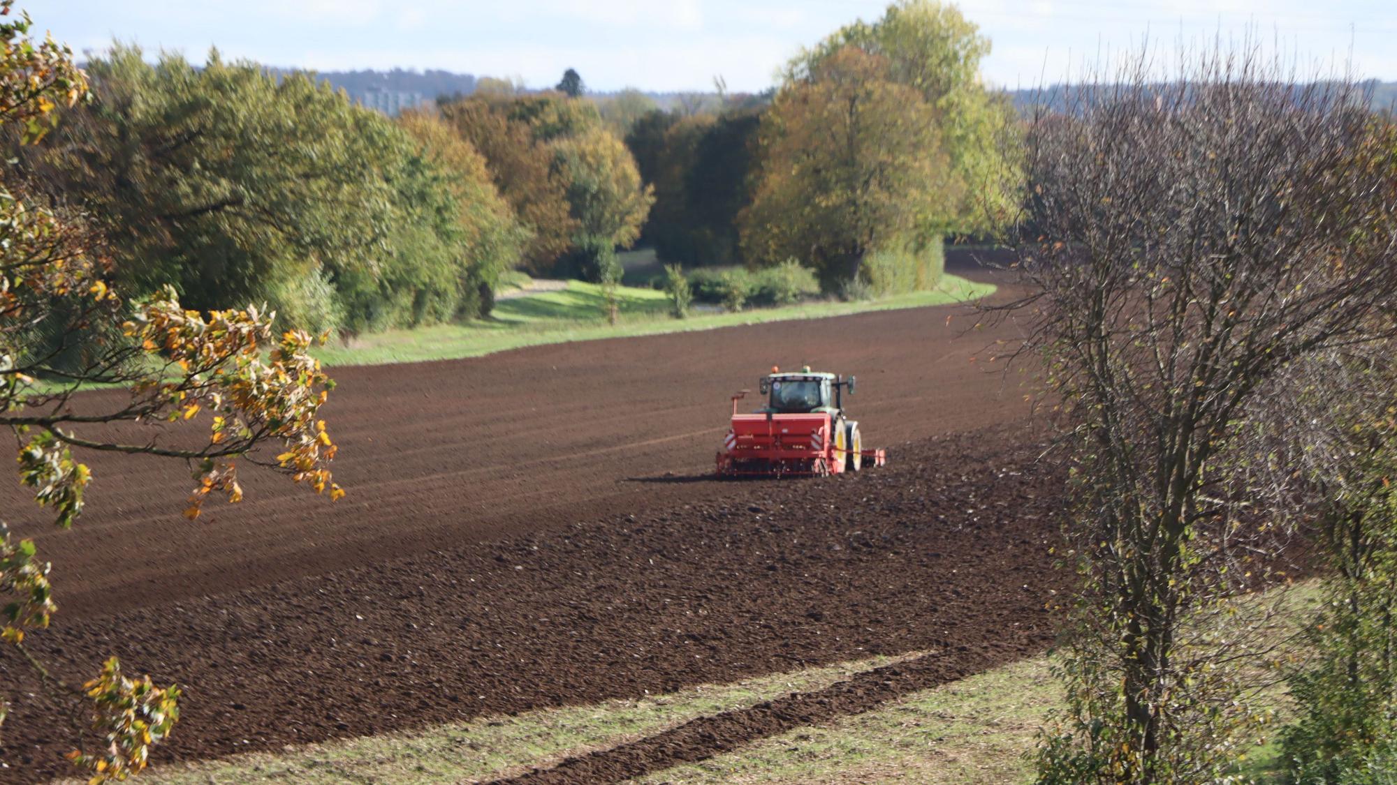 Zu sehen ist ein Traktor auf einem Feld.
