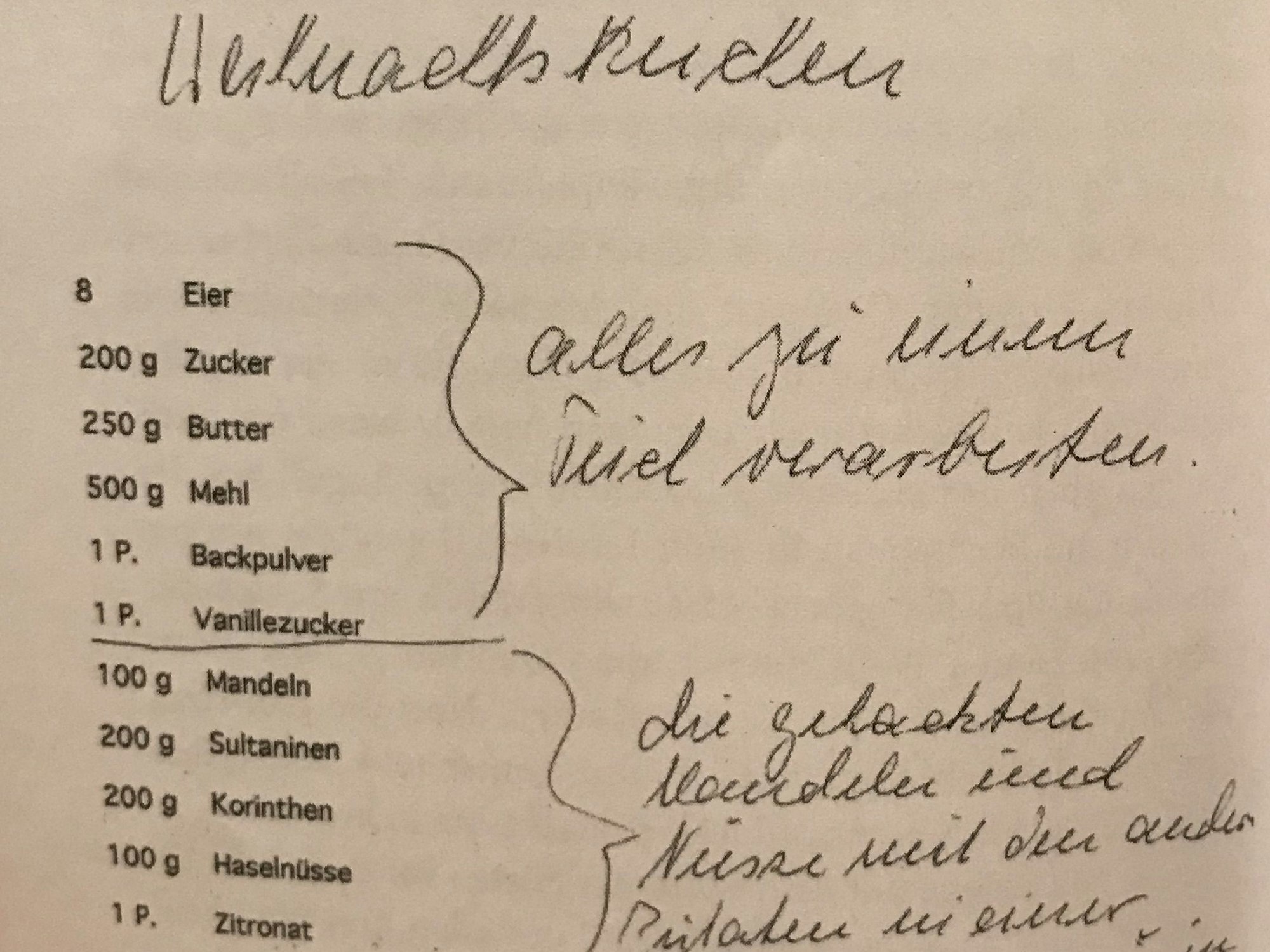 Rezept-Aufzeichnungen aus Buch „Resi Schlief - Adenauers Stütze aus Unkel“. Der Weihnachtskuchen heißt in der Familie seit 1967 auch „Präsidenten-Kuchen“, weil Ex-US-Präsident Lyndon B. Johnson bei seinem Besuch in Bonn ihn sehr gern mochte.
