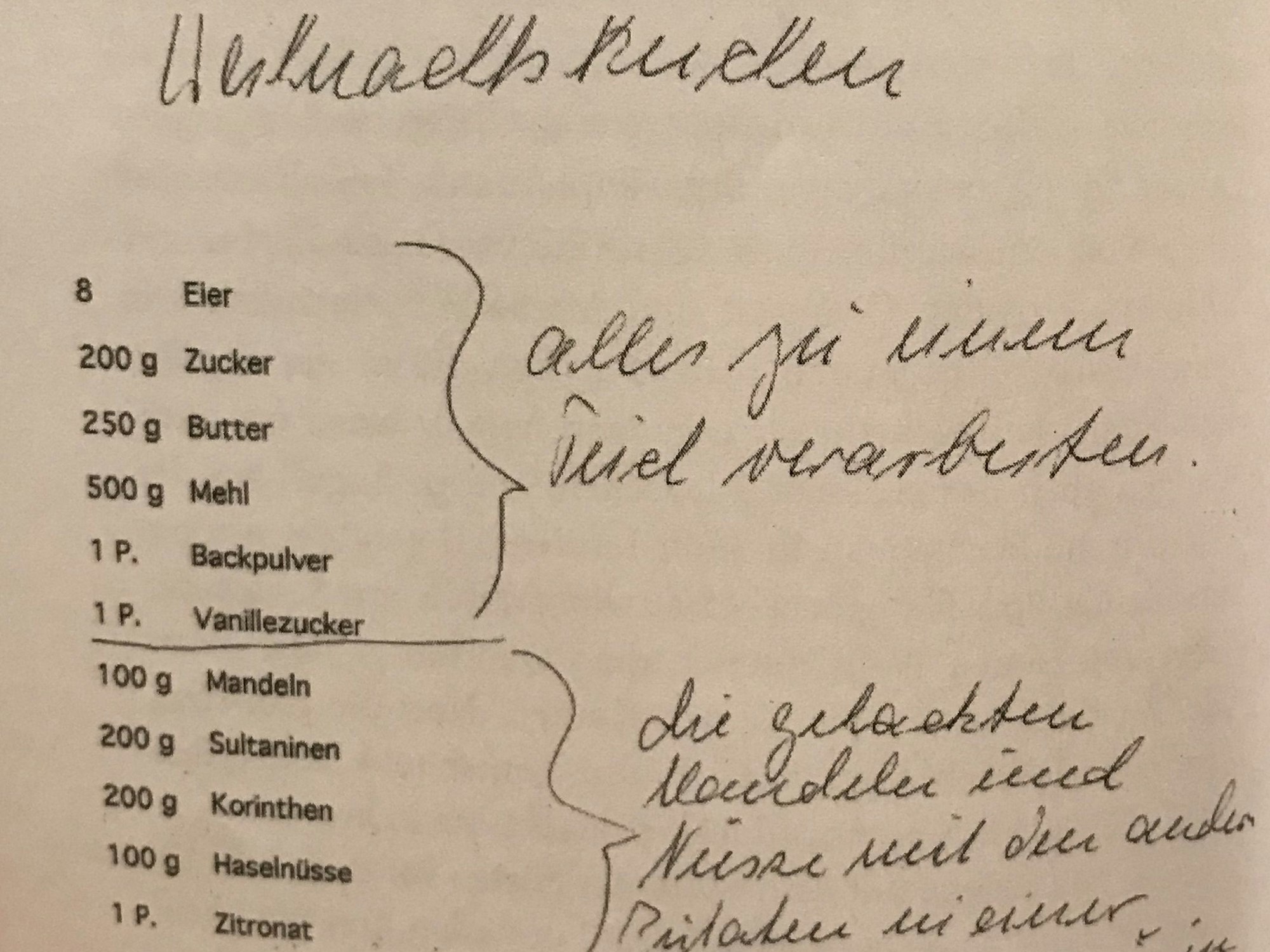 Rezept-Aufzeichnungen aus Buch „Resi Schlief - Adenauers Stütze aus Unkel“. Der Weihnachtskuchen heißt in der Familie seit 1967 auch „Präsidenten-Kuchen“, weil Ex-US-Präsident Lyndon B. Johnson bei seinem Besuch in Bonn ihn sehr gern mochte.