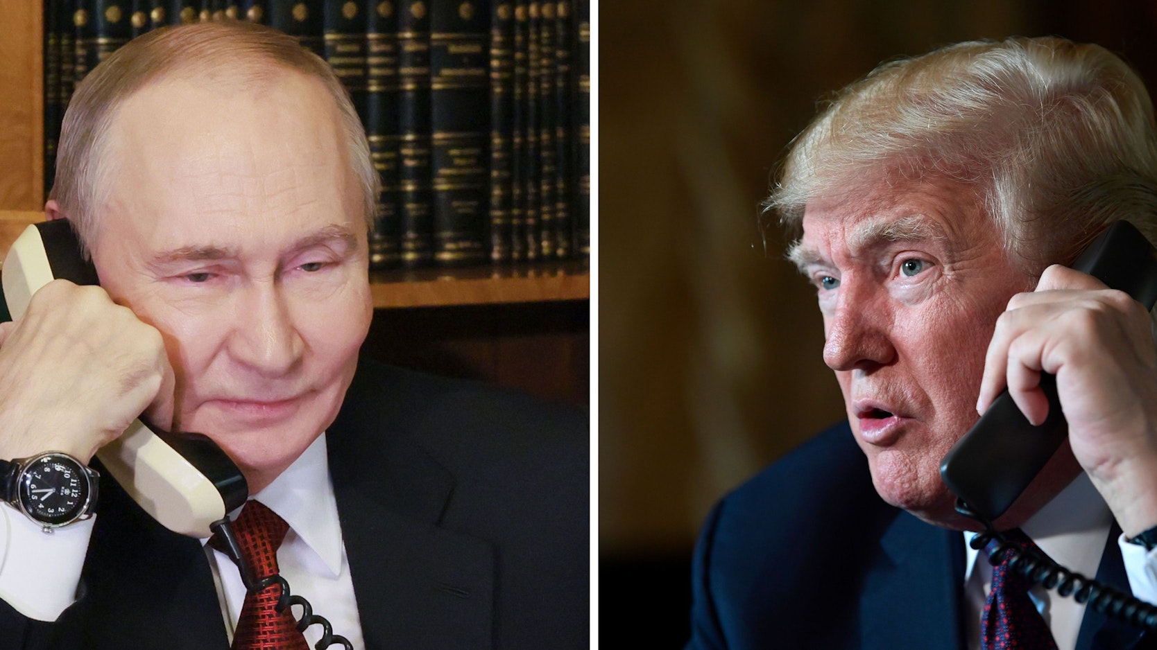 Nach Angaben aus Moskau war Donald Trump „schockiert“ über den angeblichen Angriff auf Wladimir Putins Residenz (Bild-Kombo von Putin und Trump am Telefon).