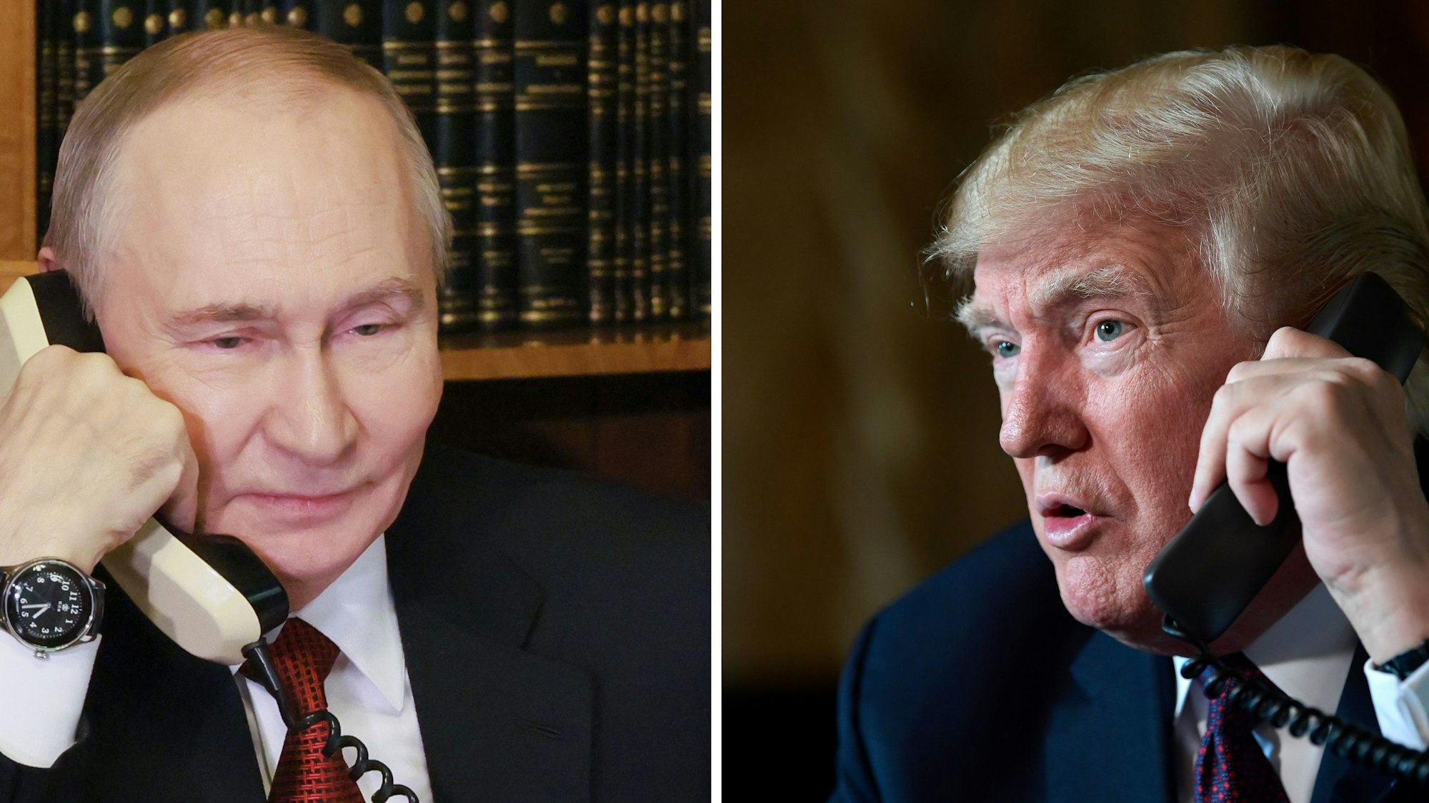 25.12.2025, Russland, Moskau: Die Kombo aus Archivbildern zeigt Russlands Präsidenten Wladimir Putin (l, 25.12.2025 in Moskau) und den US-Präsidenten Donald Trump (r, 22.11.2018 in Palm Beach), jweils am Telefon. US-Präsident Trump hat kurz vor seinem Treffen mit dem ukrainischen Präsidenten Selenskyj in Florida mit Kremlchef Putin telefoniert. Das Telefonat sei «gut und sehr produktiv» verlaufen, schrieb der Republikaner auf der Plattform Truth Social, ohne nähere Details über Inhalte. Foto: Mikhail Metzel/Pool Sputnik Kremlin/AP/dpa - ACHTUNG: Nur zur redaktionellen Verwendung und nur mit vollständiger Nennung des vorstehenden Credits +++ dpa-Bildfunk +++