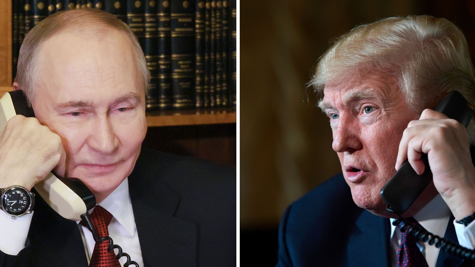 25.12.2025, Russland, Moskau: Die Kombo aus Archivbildern zeigt Russlands Präsidenten Wladimir Putin (l, 25.12.2025 in Moskau) und den US-Präsidenten Donald Trump (r, 22.11.2018 in Palm Beach), jweils am Telefon. US-Präsident Trump hat kurz vor seinem Treffen mit dem ukrainischen Präsidenten Selenskyj in Florida mit Kremlchef Putin telefoniert. Das Telefonat sei «gut und sehr produktiv» verlaufen, schrieb der Republikaner auf der Plattform Truth Social, ohne nähere Details über Inhalte. Foto: Mikhail Metzel/Pool Sputnik Kremlin/AP/dpa - ACHTUNG: Nur zur redaktionellen Verwendung und nur mit vollständiger Nennung des vorstehenden Credits +++ dpa-Bildfunk +++