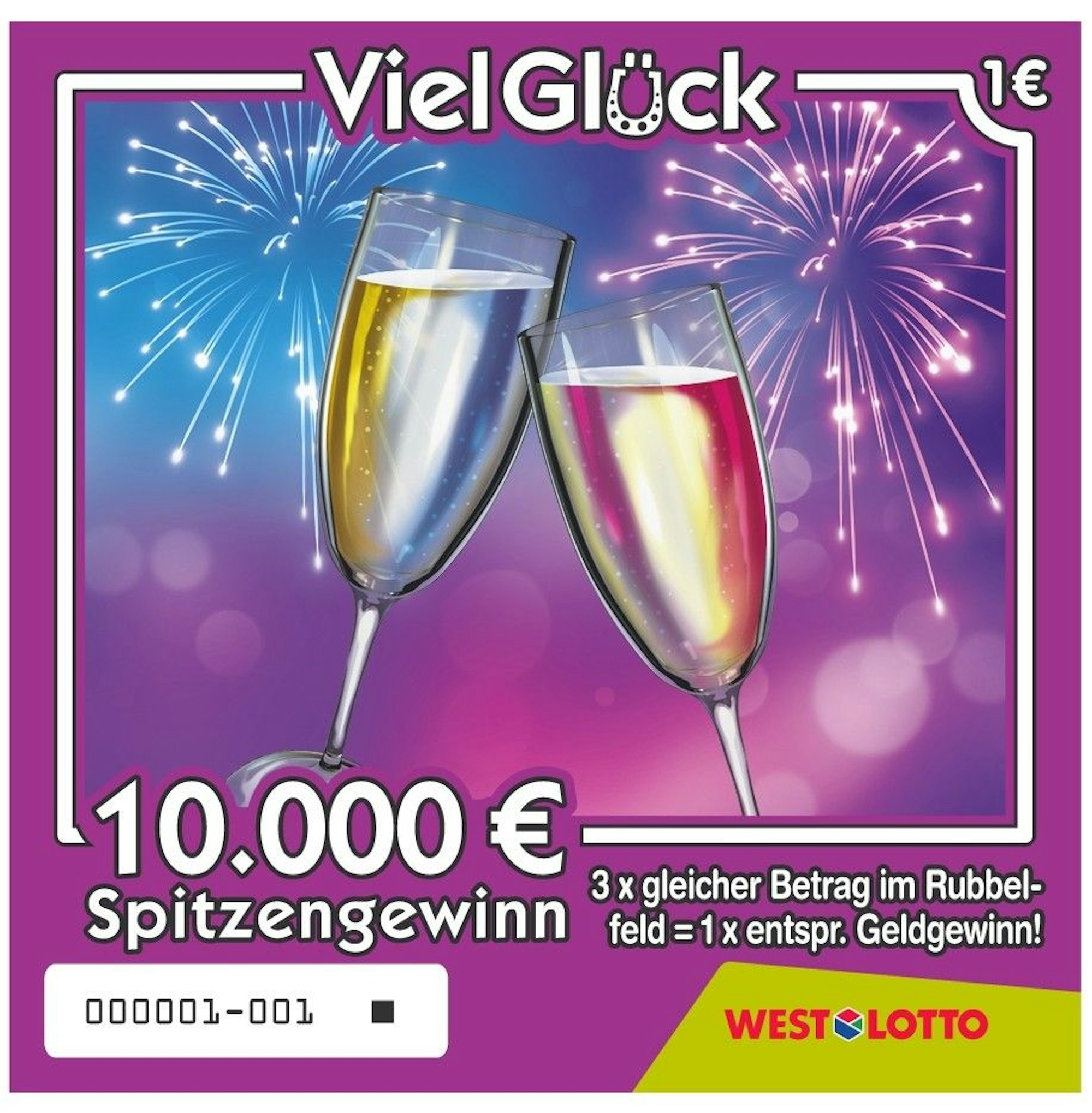 Rubbellos „Viel Glück“ mit Sektgläsern.