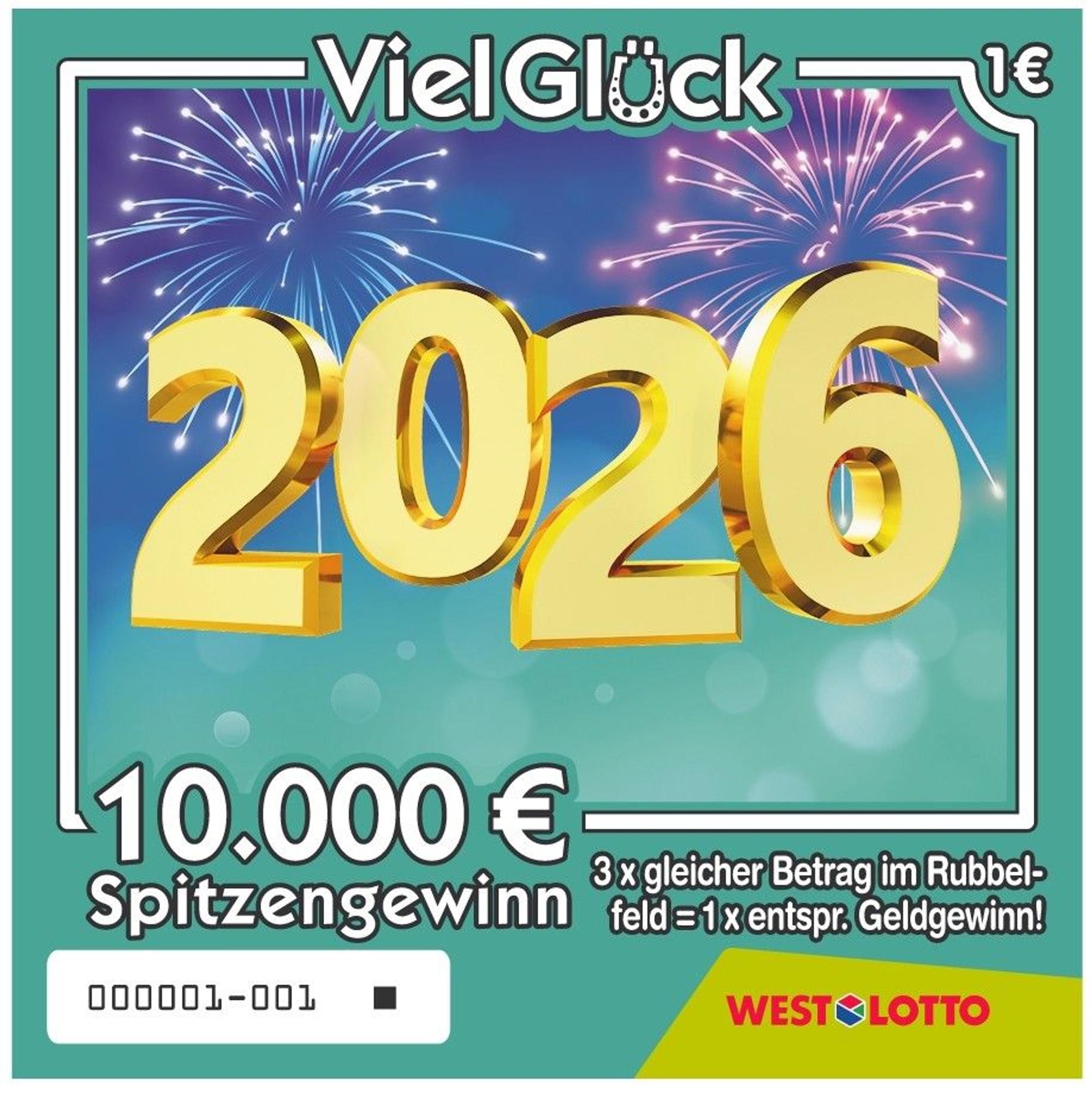 Rubbellos „Viel Glück“ mit Jahreszahl.
