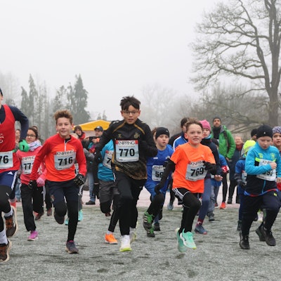 Kinder starten bei einem Crosslauf.