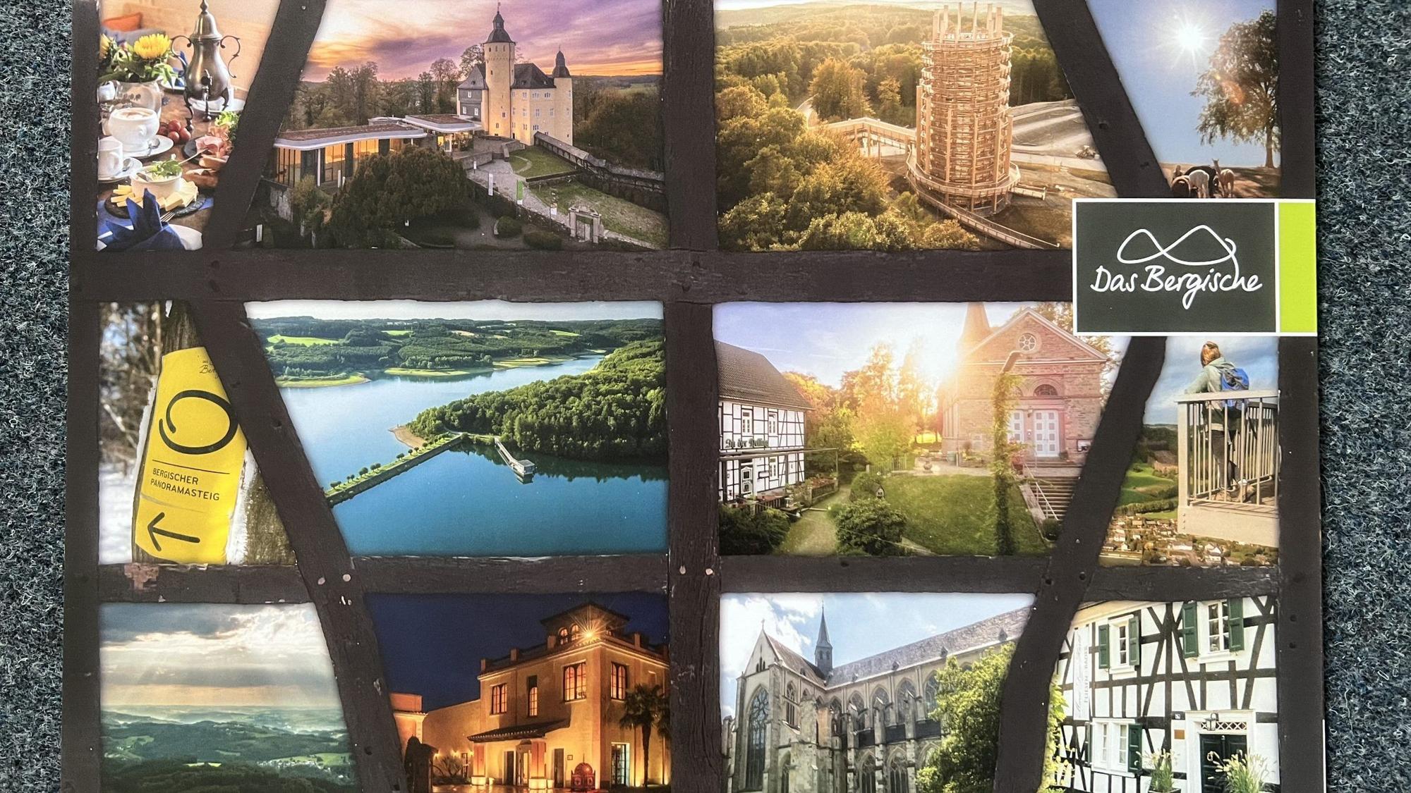 Das Deckblatt eines Kalenders zeigt verschiedene Sehenswürdigkeiten des Rheinisch-Bergischen Kreises.
