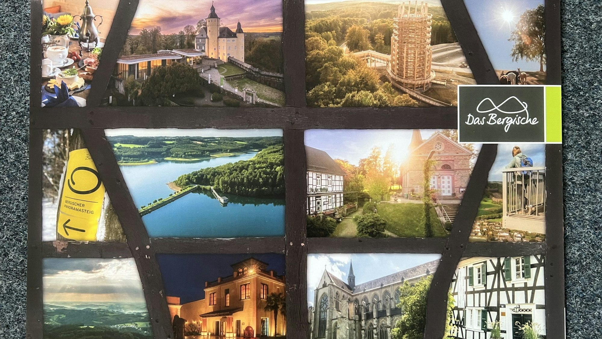 Das Deckblatt eines Kalenders zeigt verschiedene Sehenswürdigkeiten des Rheinisch-Bergischen Kreises.