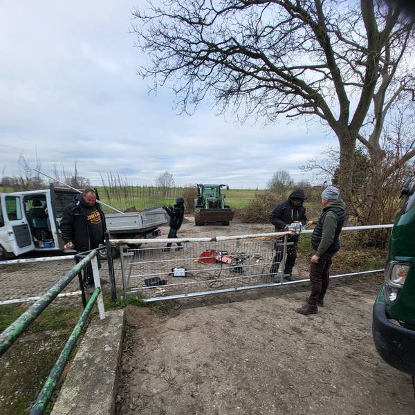 Drei Männer reparieren einen Zaun.