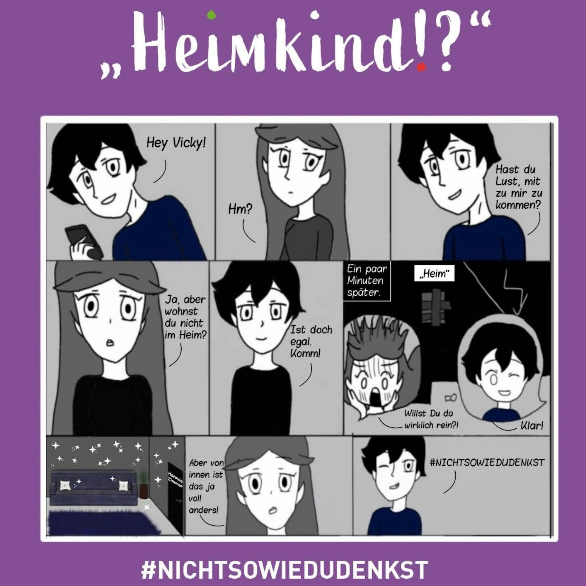 Das Bild zeigt das Plakat, dass unter der Überschrift Heimkind wie in einem Comic ein kurzes Gespräch von zwei gezeichneten Frauen zeigt.