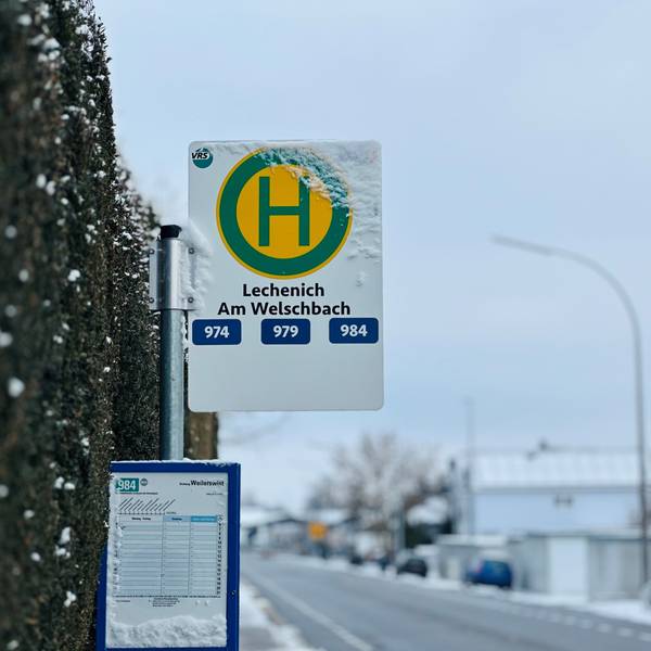 Zu sehen ist ein Haltestellenschild an einer Straße.